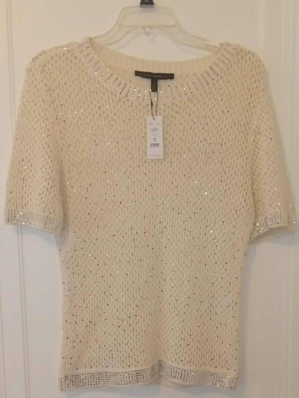 NWT White House Black Market Ivory short-sleeve crochet sweater, silver rhinesto